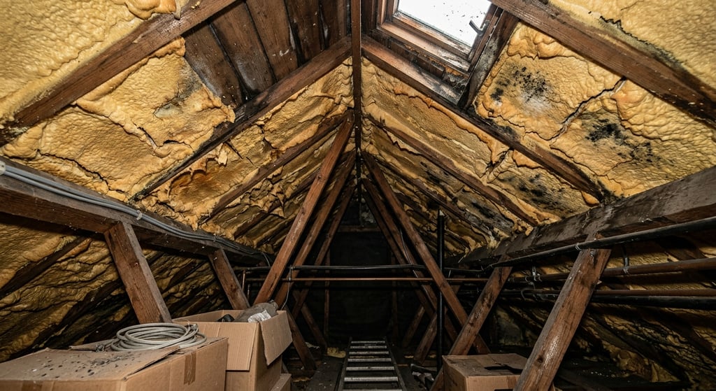 Loft roof with spray foam before professional removal