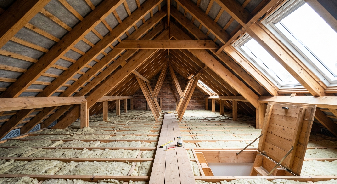 Clean UK loft after professional spray foam removal - healthy exposed timber rafters with proper ventilation restored