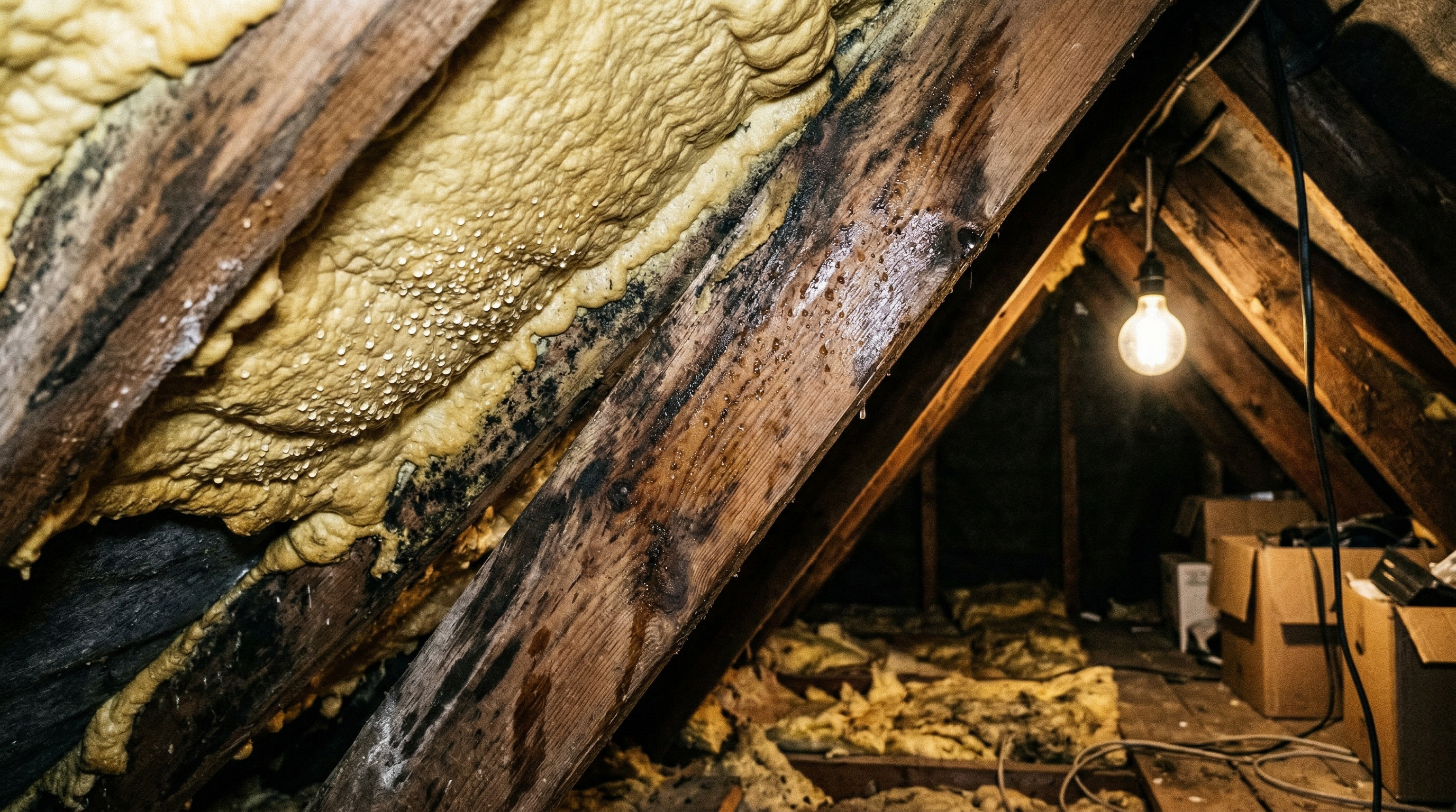 Spray foam insulation damage on UK roof timbers showing condensation problems
